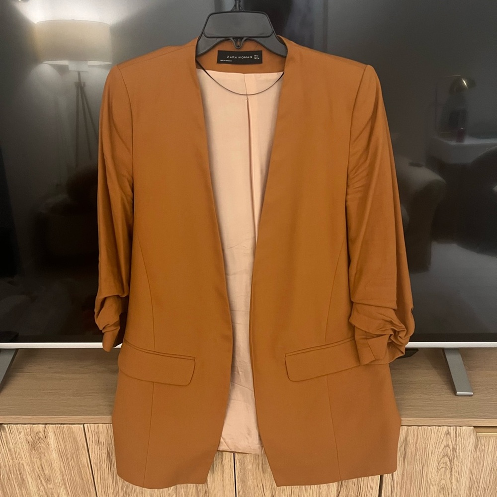 Zara Tan Relaxed Blazer with 3/4 Sleeves